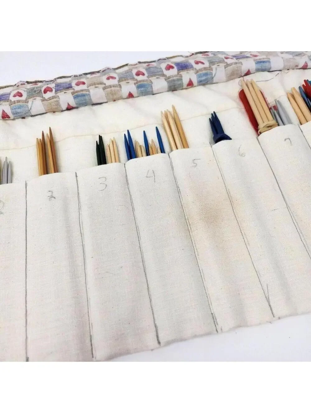 Handmade Canvas Knitting Needle Roll Case Organizer Floral Fabric Tie Closure